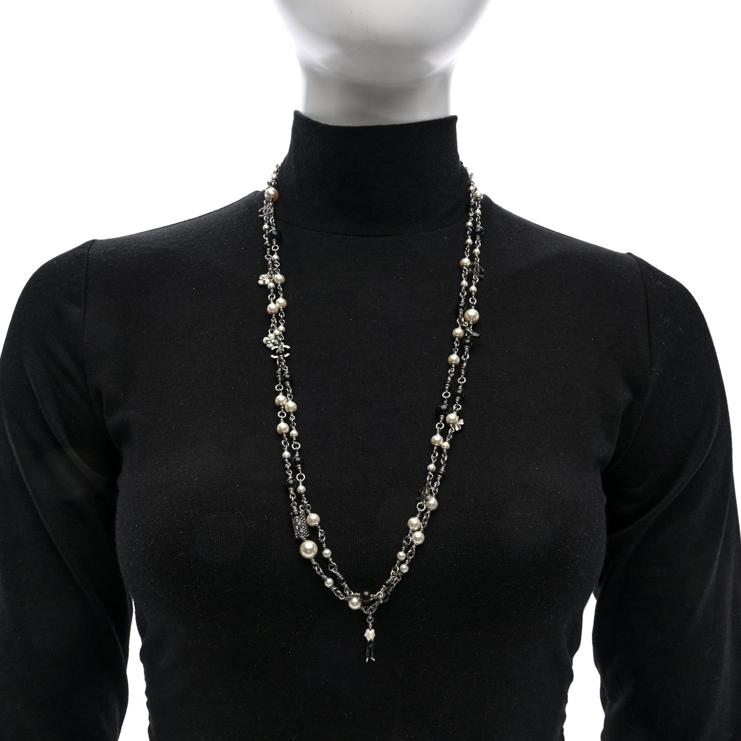 Chanel Pearl Beaded CC Charm Long Necklace Silver Black 2 of 4