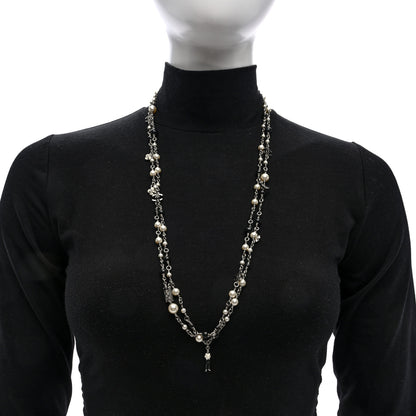 Chanel Pearl Beaded CC Charm Long Necklace Silver Black 2 of 4