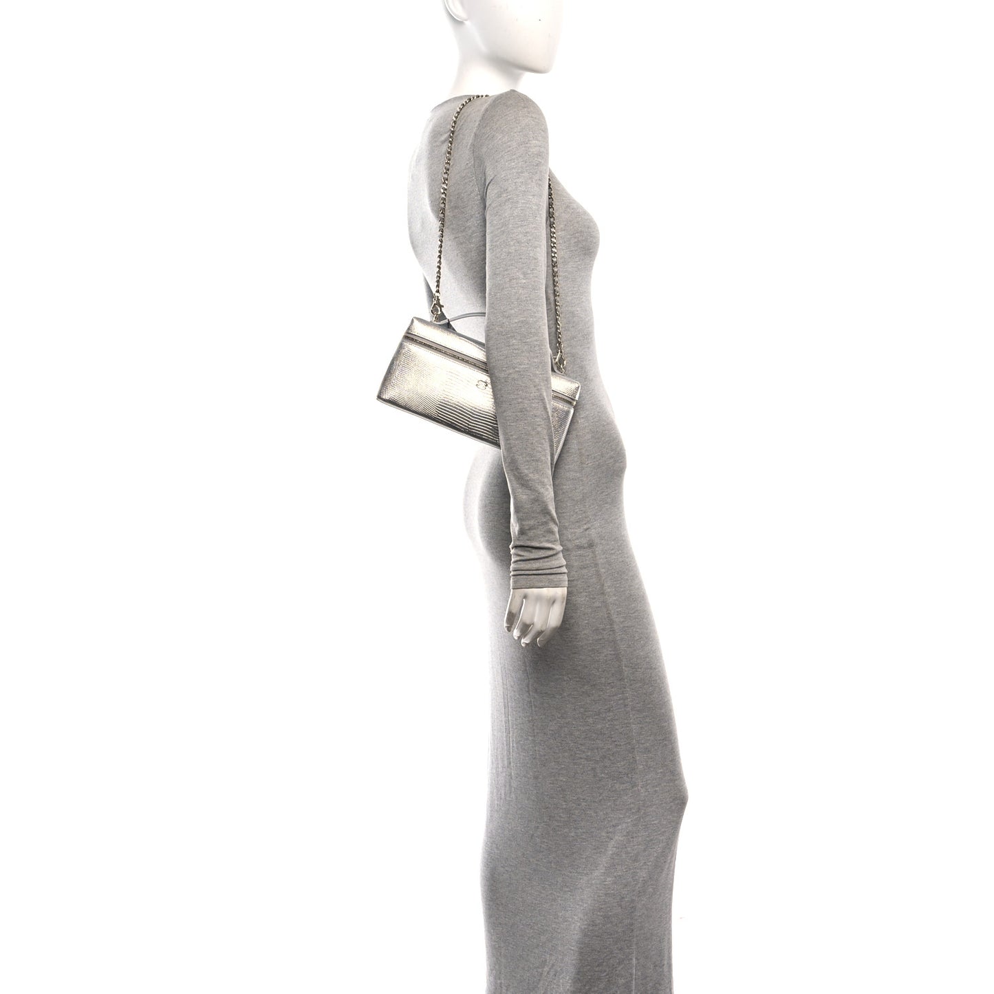 Lizard Embossed Top Handle Slim Vanity With Chain Silver