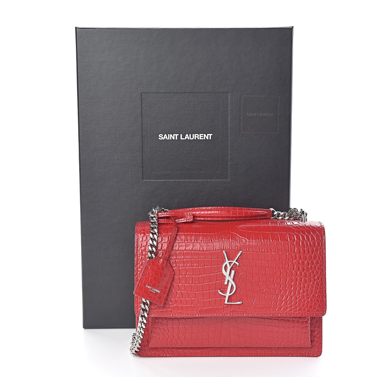 Saint Laurent Calfskin Crocodile Embossed Medium Monogram Sunset Rouge Eros 12 of 12