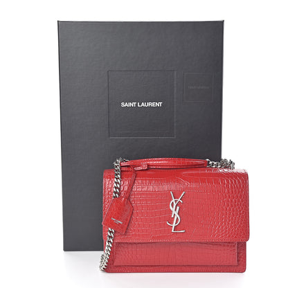 Saint Laurent Calfskin Crocodile Embossed Medium Monogram Sunset Rouge Eros 12 of 12