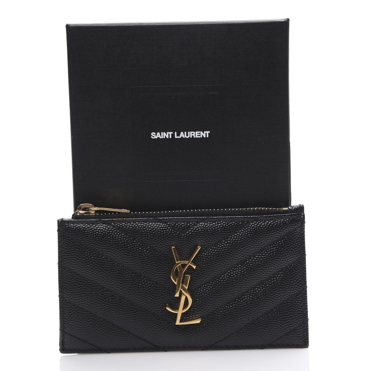 Saint Laurent Grain De Poudre Matelasse Chevron Monogram Fragments Zippered Card Case Black 7 of 7