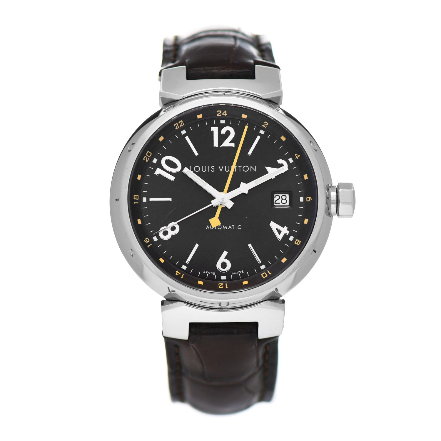 Louis Vuitton Stainless Steel Alligator 39mm Tambour GMT Automatic Watch Brown 1 of 5