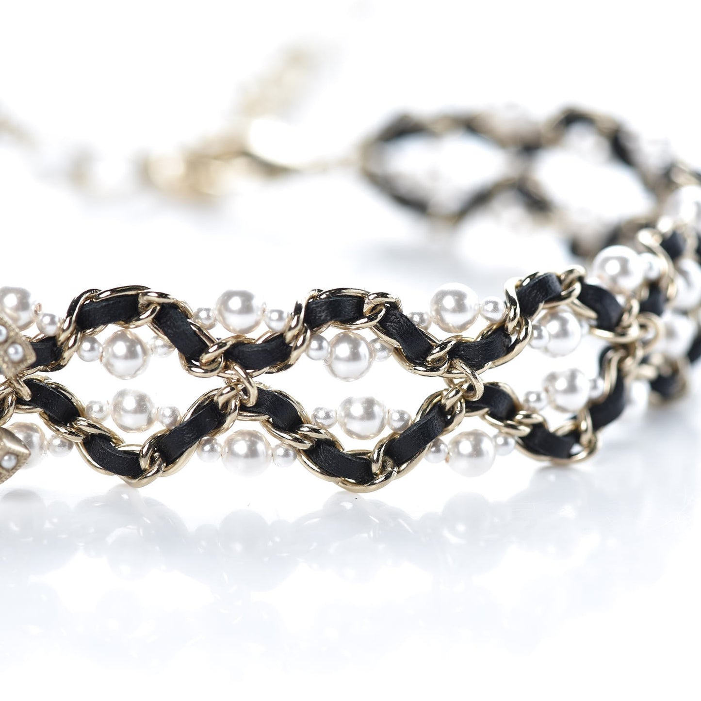 Pearl Lambskin CC Chain Twist Choker Necklace Black Gold