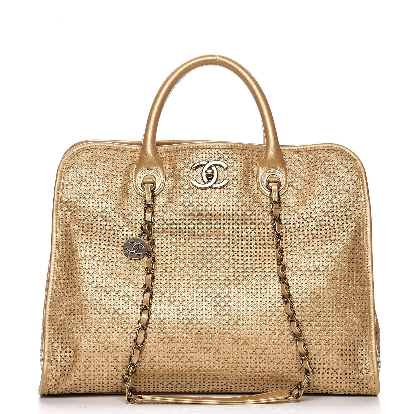 Metallic Calfskin Perforated Up In The Air Tote Gold