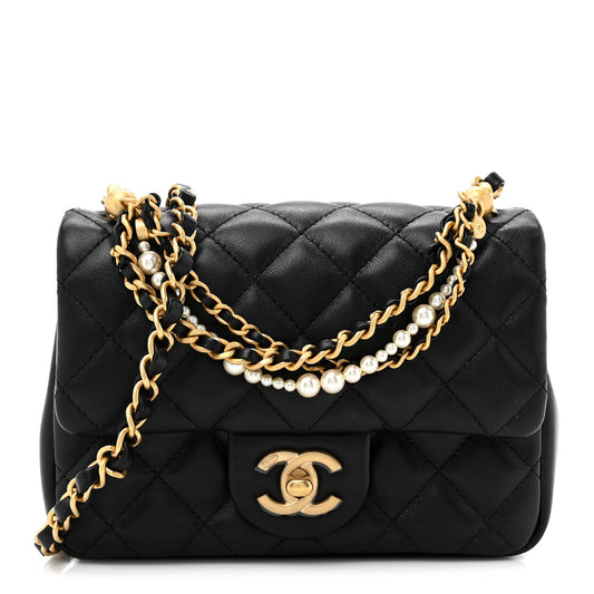Shiny Lambskin Quilted Pearl Twist Mini Square Flap Black