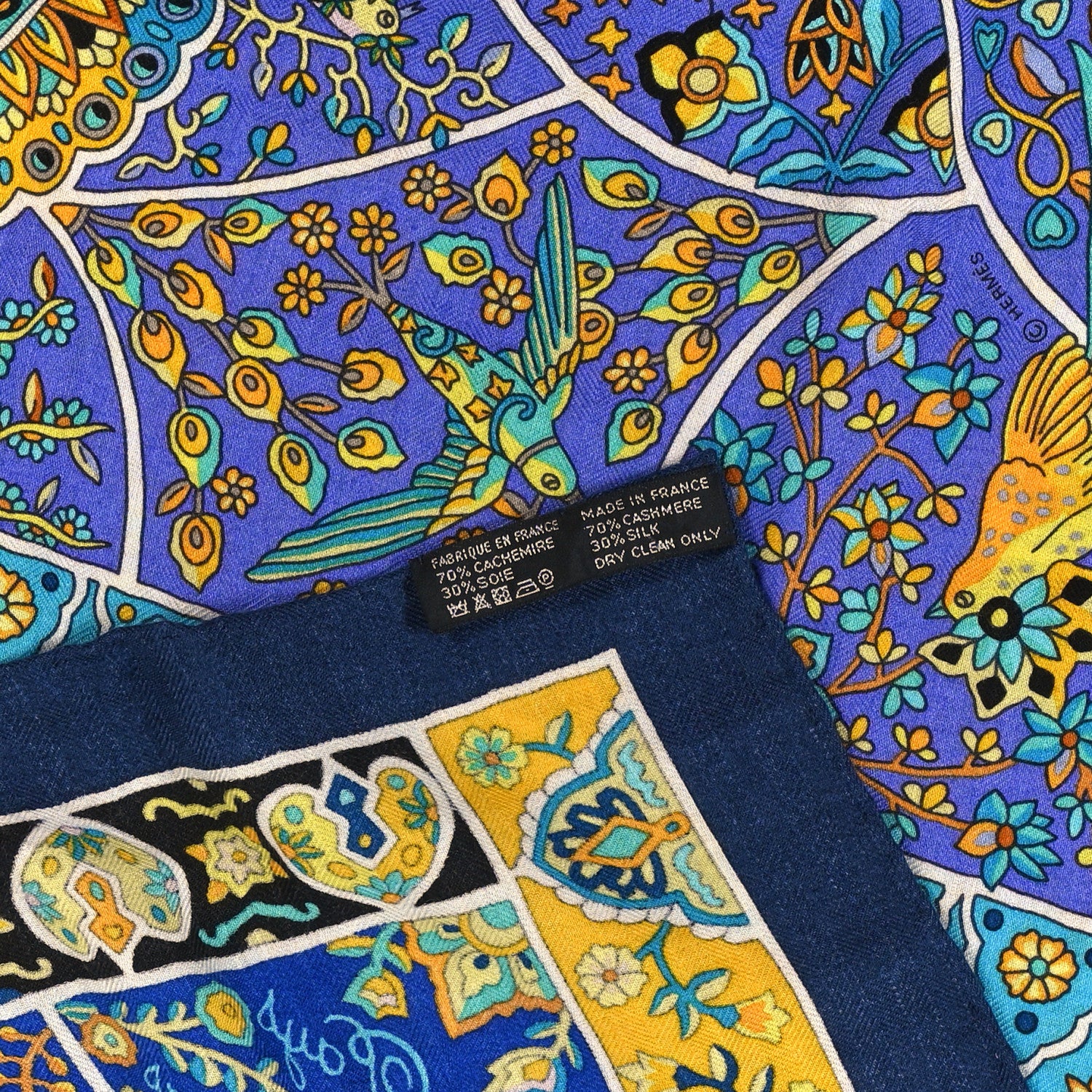 Hermes Cashmere Silk Au Pays Des Oiseaux Fleurs Shawl 140 Marine Turquoise Jaune 2 of 4