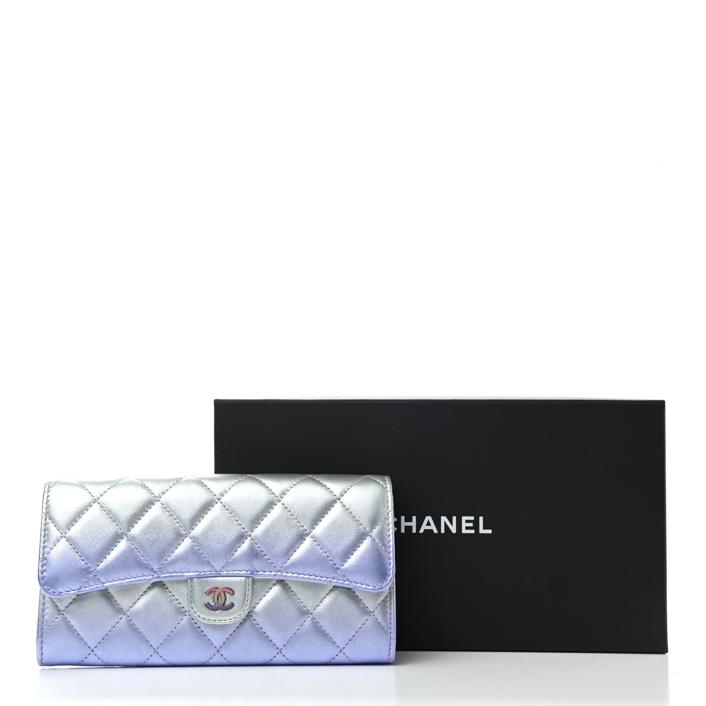 Gradient Metallic Calfskin Quilted Large Gusset Flap Wallet Silver Blue Yellow Purple