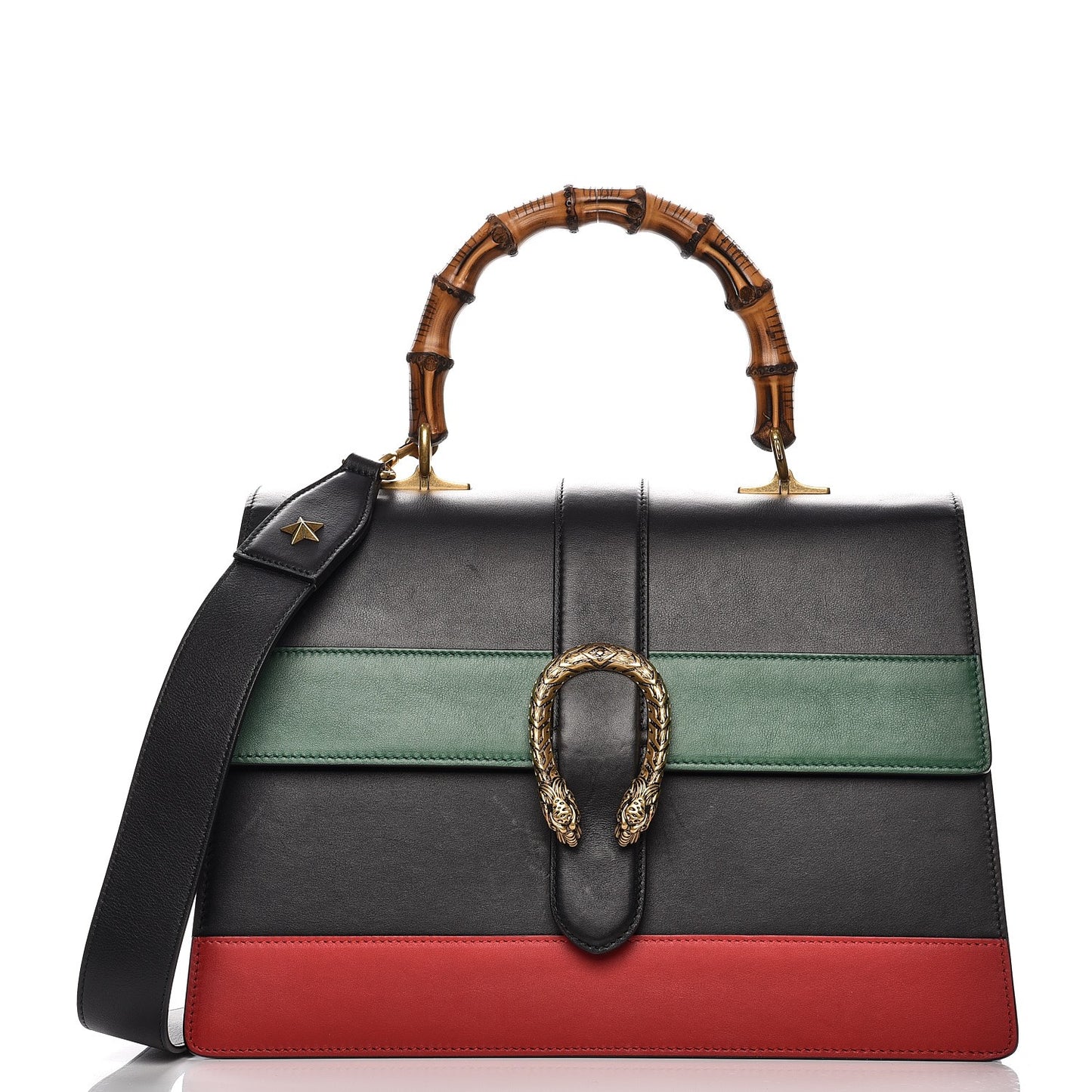 Calfskin Bamboo Web Large Dionysus Top Handle Bag Black Bright Evergreen Hibiscus Red