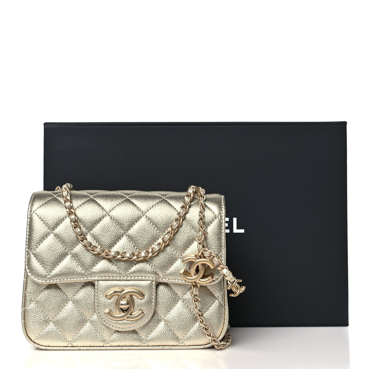 Metallic Caviar Quilted Mini Square CC Slide Flap Gold