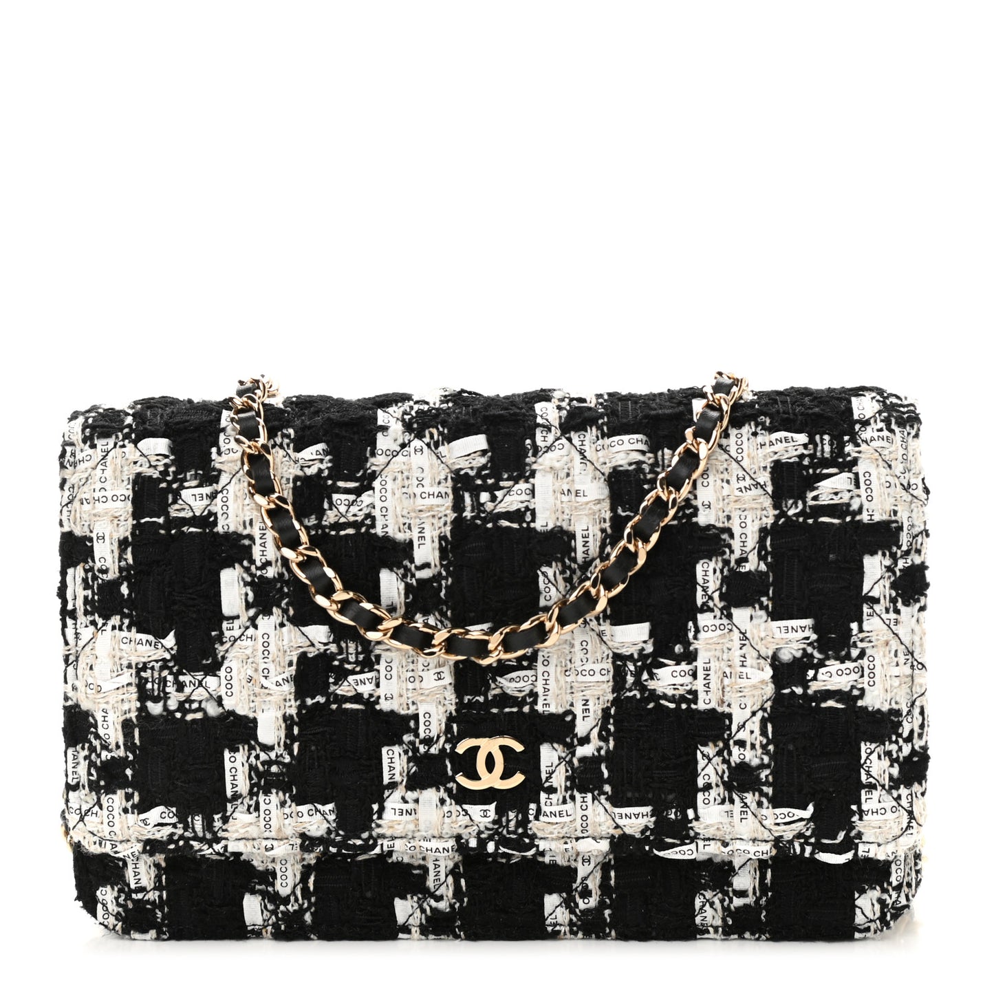 Tweed Quilted Wallet On Chain WOC Black Ecru White