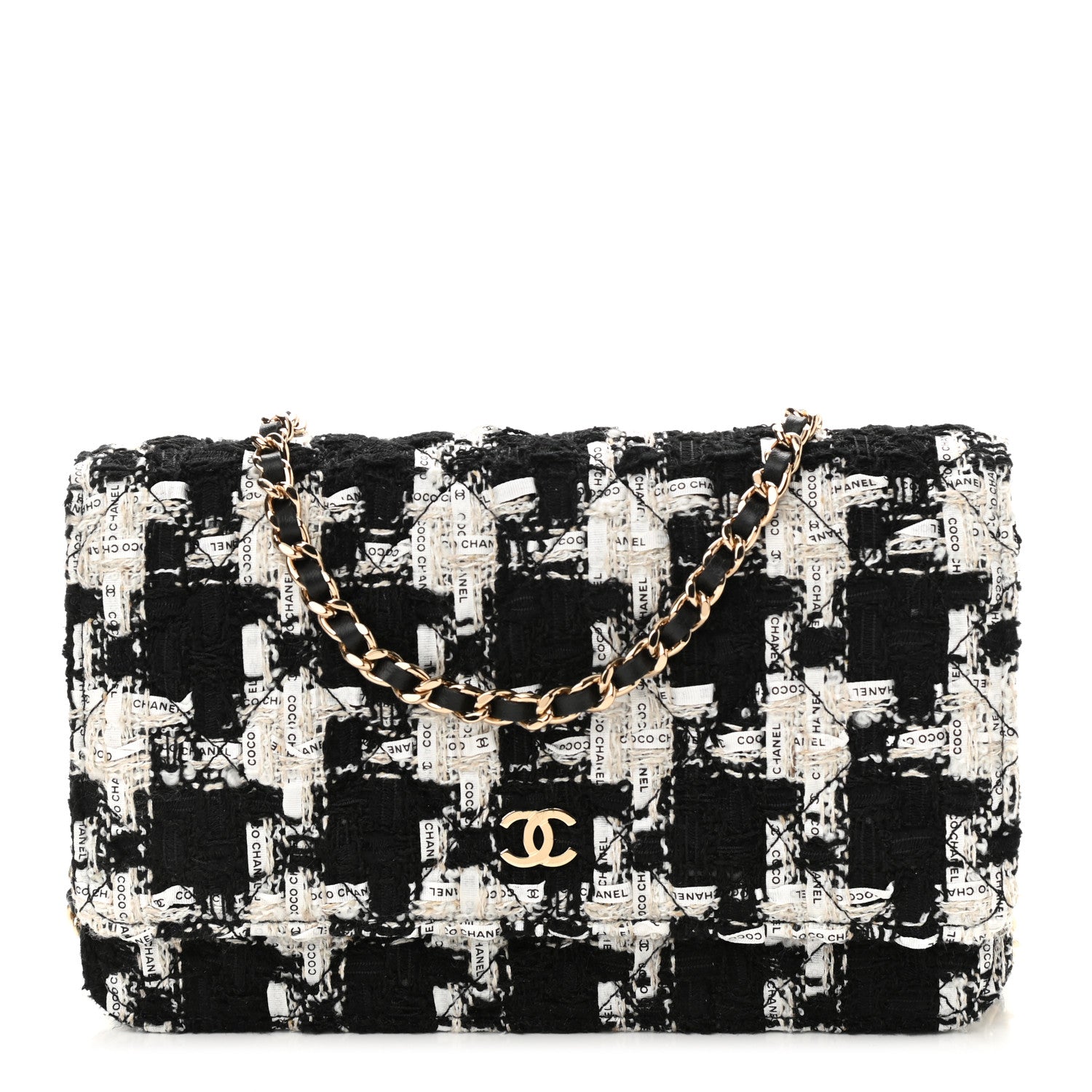 Chanel Tweed Quilted Wallet On Chain WOC Black Ecru White 1 of 12