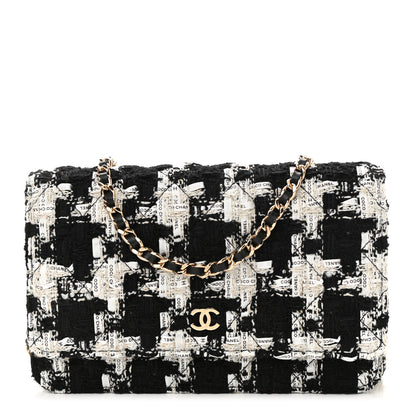 Chanel Tweed Quilted Wallet On Chain WOC Black Ecru White 1 of 12
