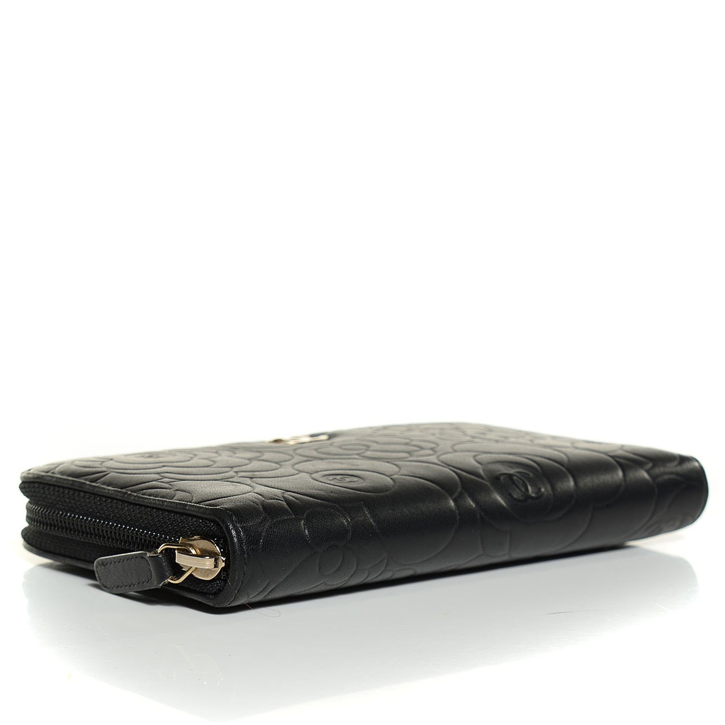Lambskin Camellia Embossed Large Zip Around Gusset Wallet Black