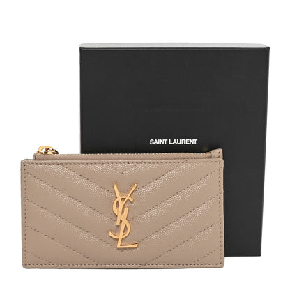 Saint Laurent Grain De Poudre Matelasse Chevron Monogram Fragments Zippered Card Case Deep Beige 9 of 9