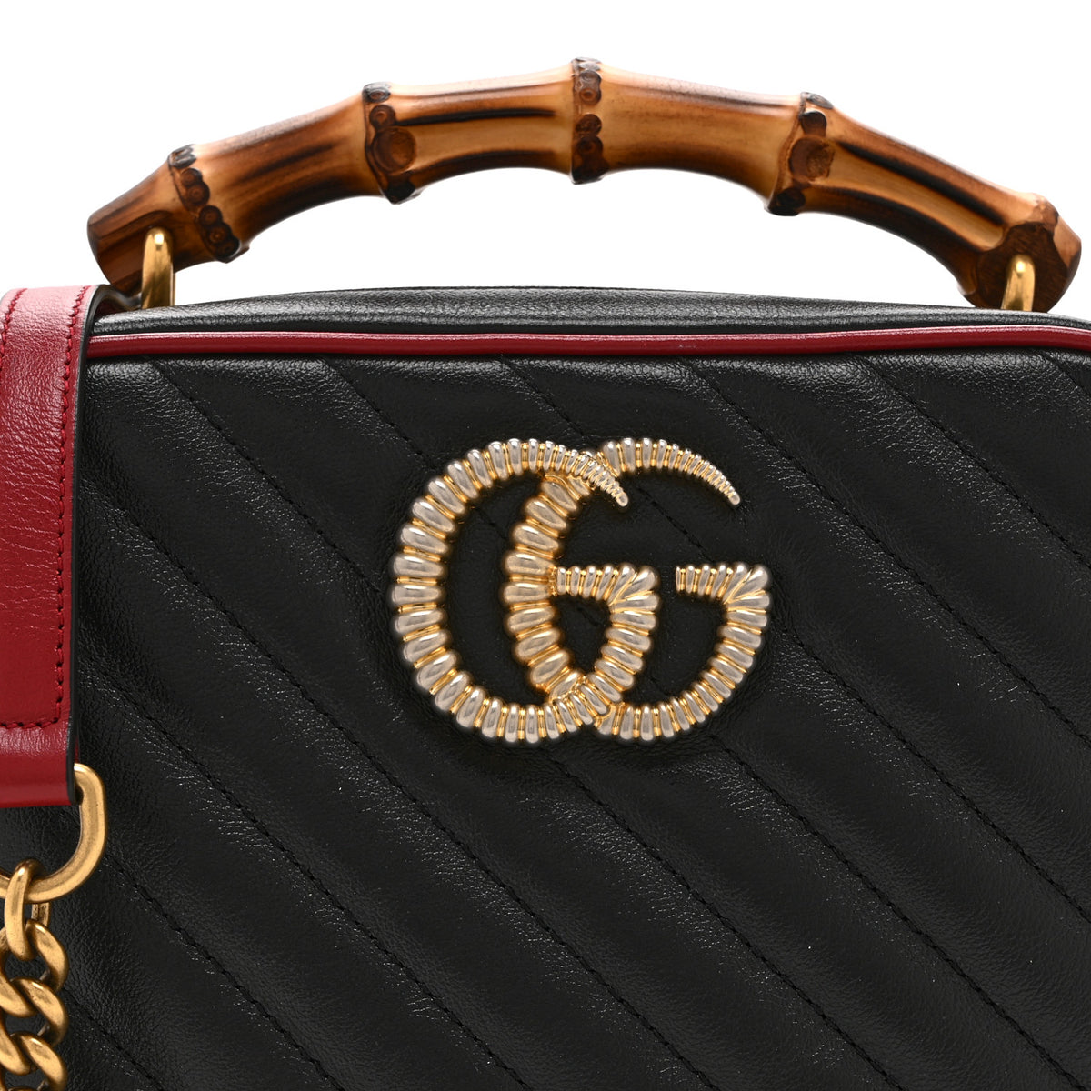 Gucci Vintage Effect Calfskin Matelasse Diagonal Small Torchon GG Marmont Bamboo Top Handle Shoulder Bag Black Romantic Cherry 9 of 11