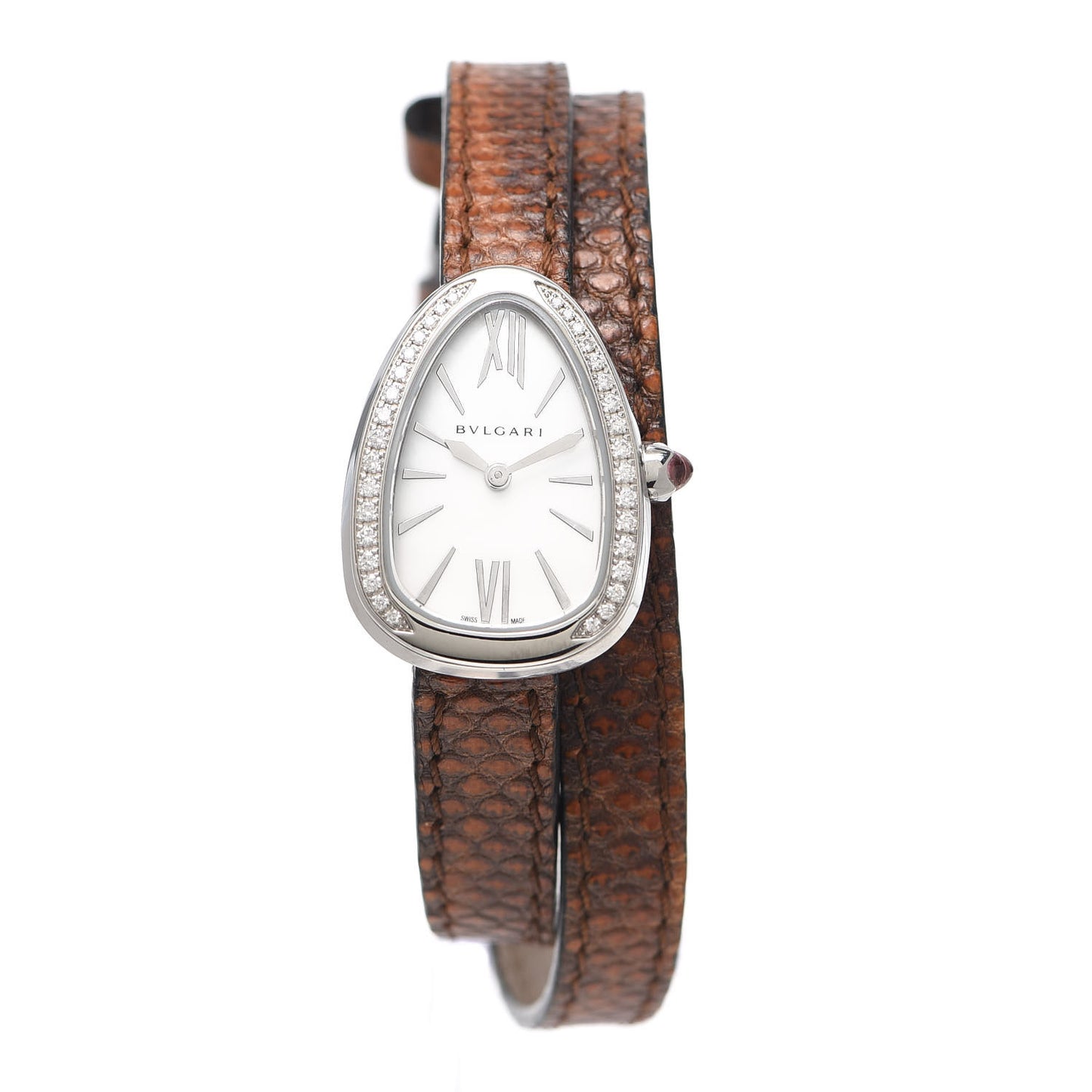 Stainless Steel Lizard Diamond Bezel Mother of Pearl 20mm Serpenti Double Wrap Quartz Watch Brown