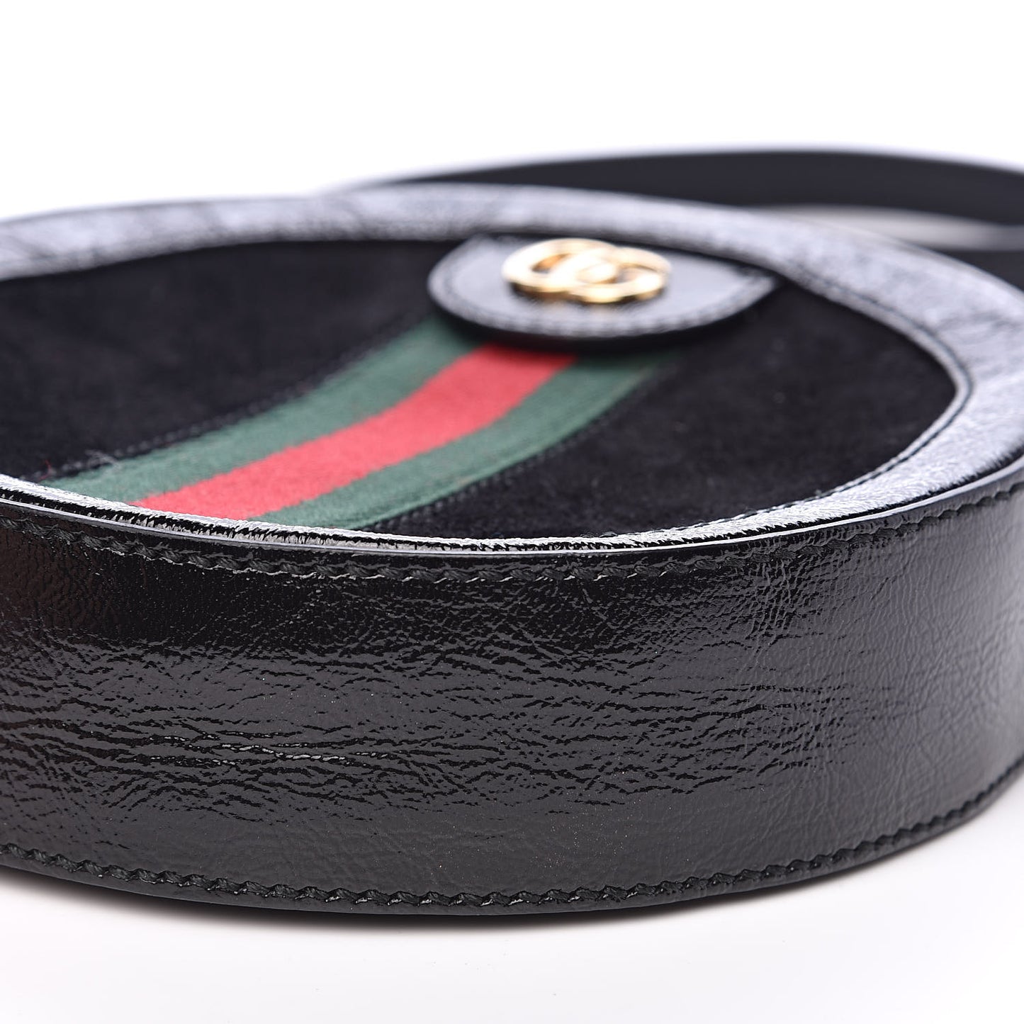 Suede Patent Web Mini Ophidia Round Shoulder Bag Black