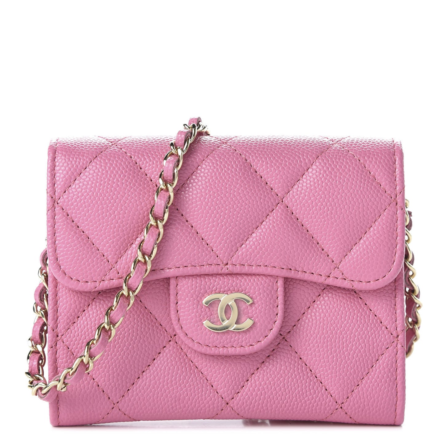 Caviar Quilted Flap Card Holder On Chain Pink