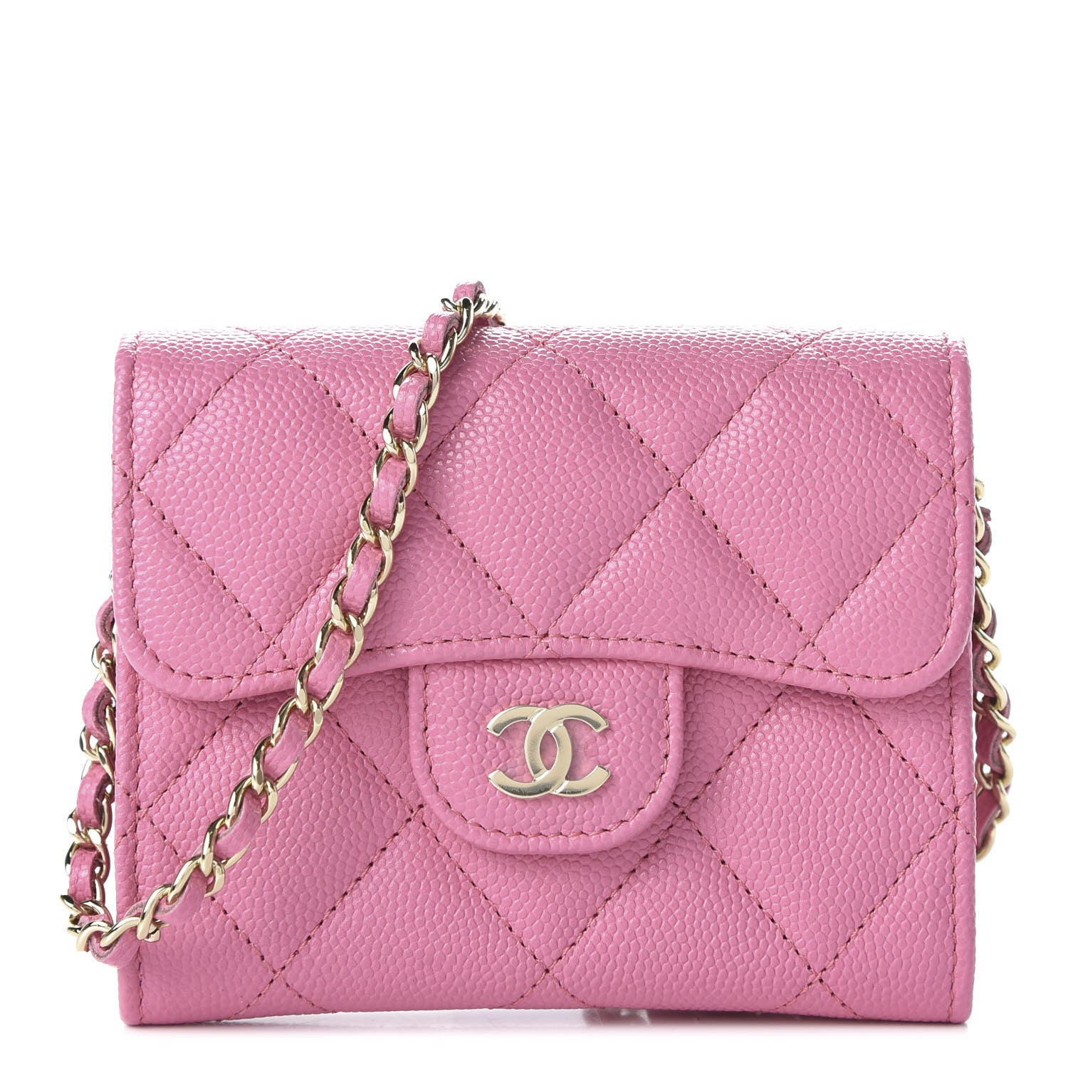 Chanel Caviar Quilted Flap Card Holder On Chain Pink 1 of 11