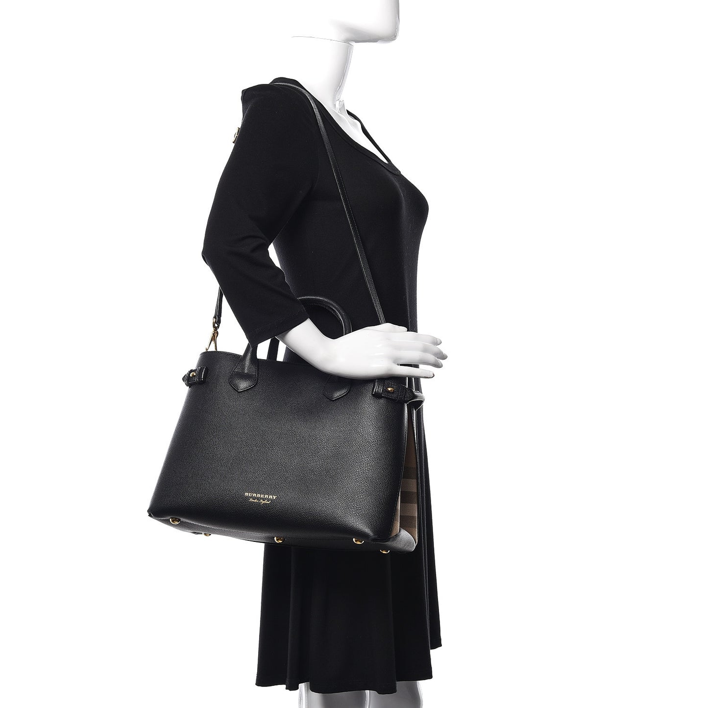 Grainy Calfskin House Check Medium Banner Tote Black