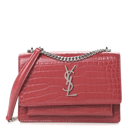 Saint Laurent Calfskin Crocodile Embossed Monogram Sunset Chain Wallet Rouge Eros 1 of 12