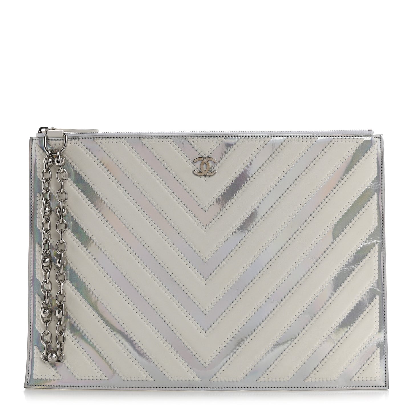 Lambskin Metallic Chevron Zip Pouch White Silver