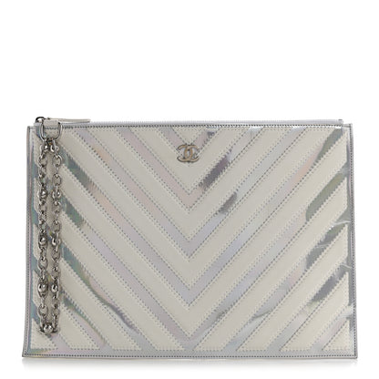 Chanel Lambskin Metallic Chevron Zip Pouch White Silver 1 of 12