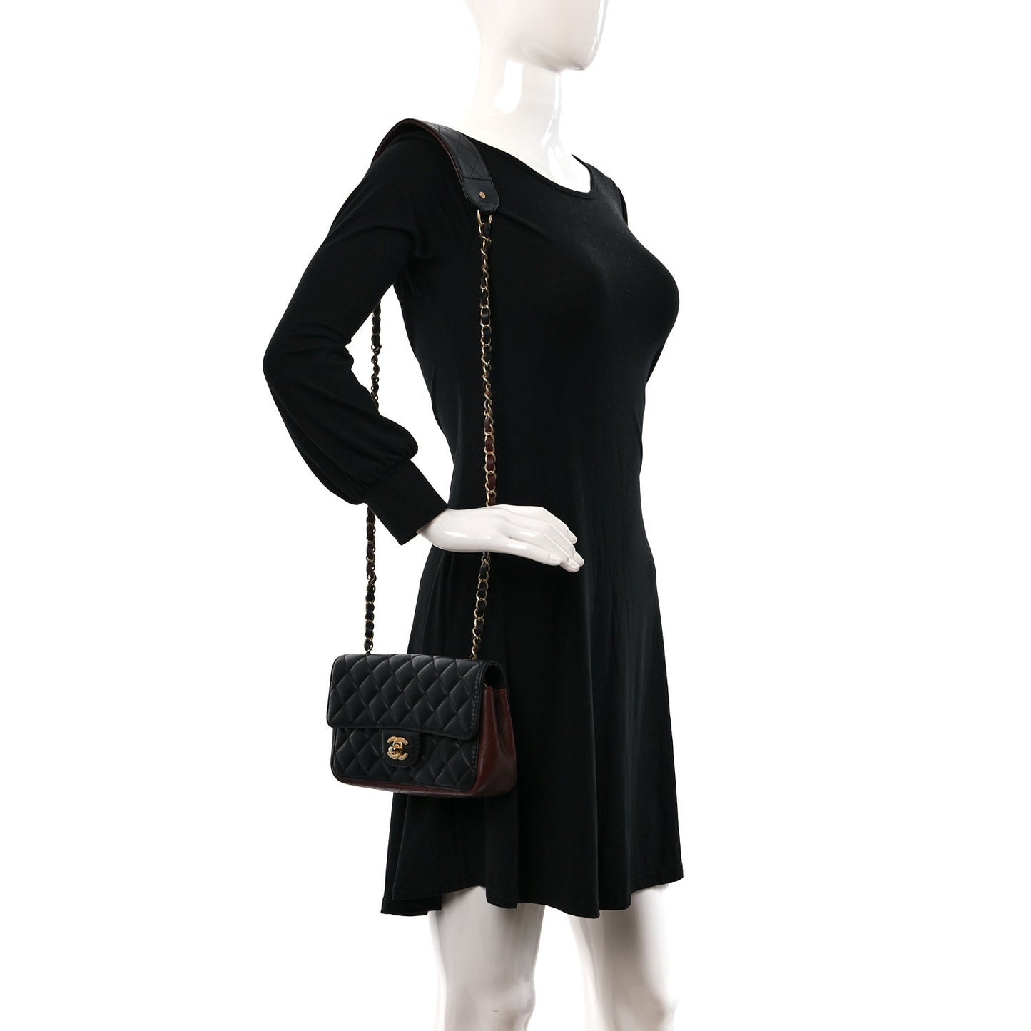 Calfskin Quilted Small Strap Into Flap Bag Black Burgundy