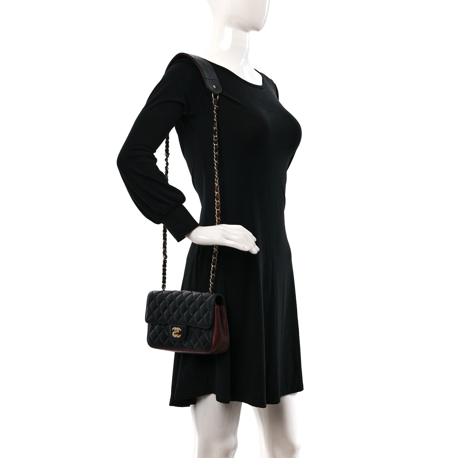 Chanel Calfskin Quilted Small Strap Into Flap Bag Black Burgundy 2 of 9