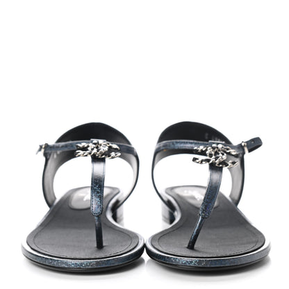 Chanel Fantasy Lambskin CC Chain Thong Sandals 40 Blue Black 2 of 9