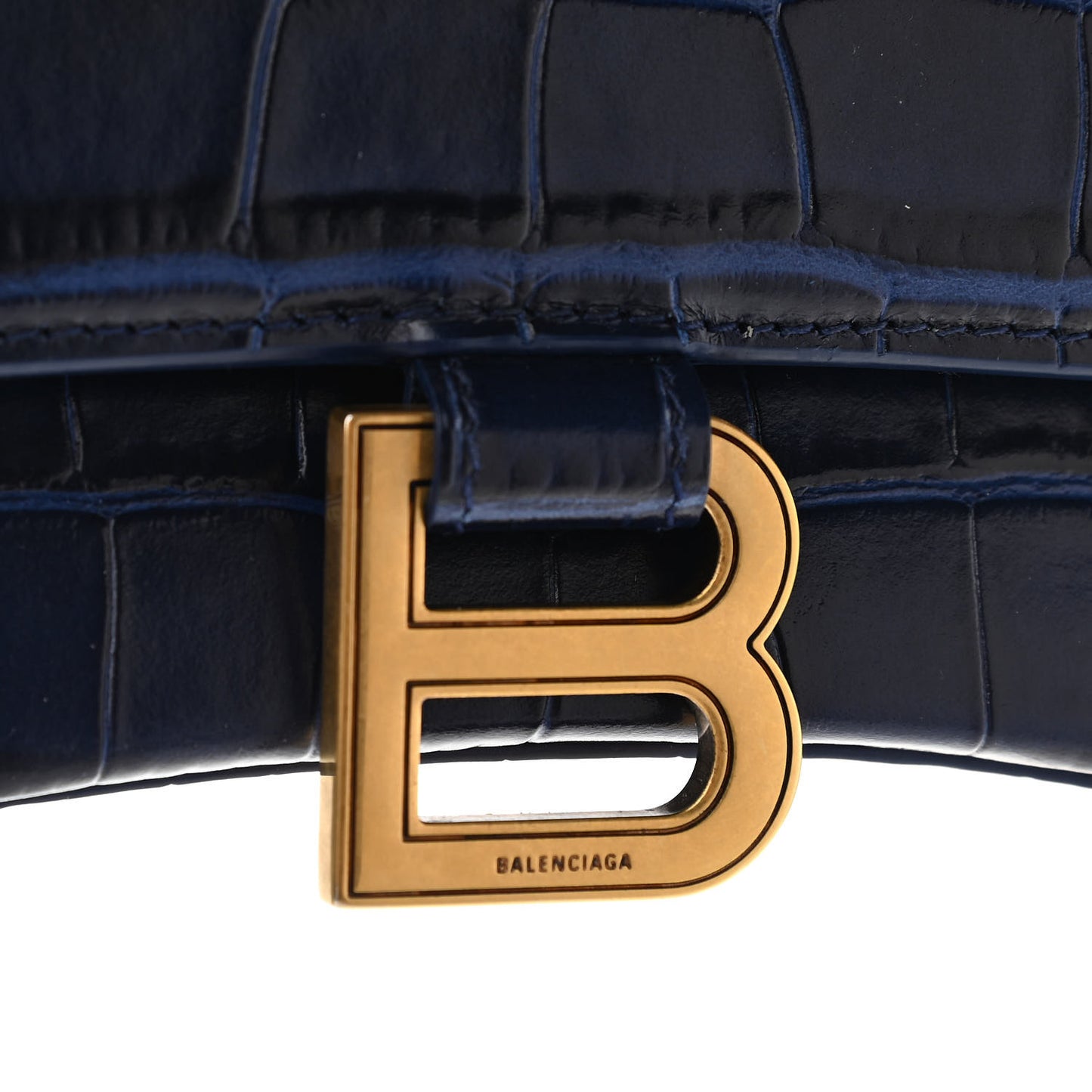 Calfskin Crocodile Embossed Small Hourglass Top Handle Bag Indigo