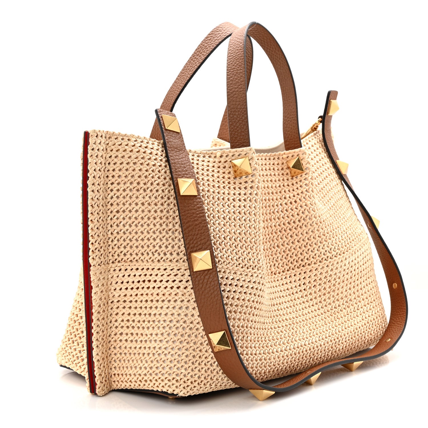 Valentino Garavani Raffia Grained Calfskin Medium Rockstud Vlogo Tote Naturale 4 of 11