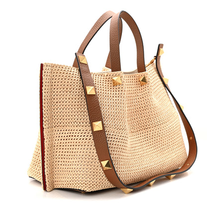 Valentino Garavani Raffia Grained Calfskin Medium Rockstud Vlogo Tote Naturale 4 of 11
