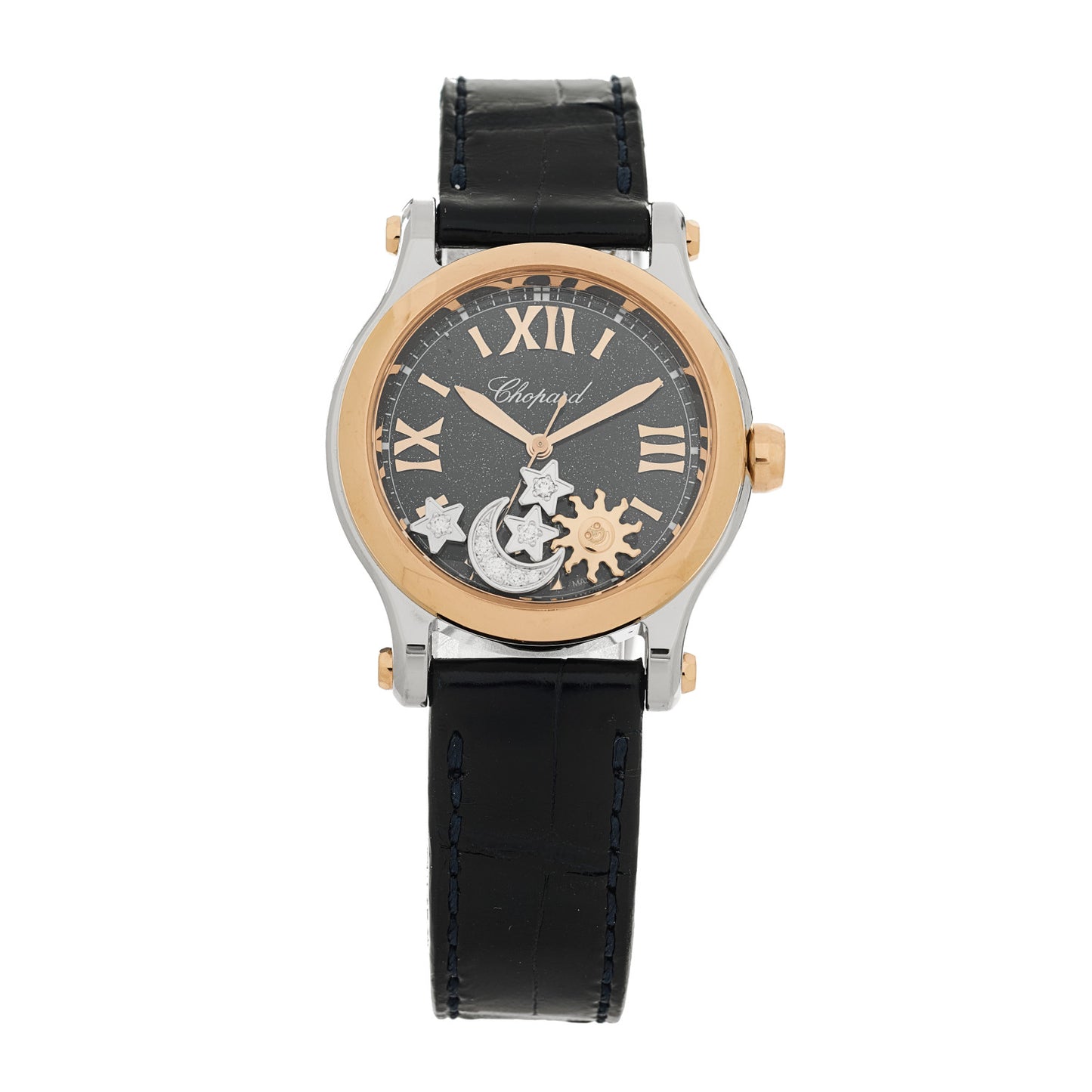 Stainless Steel 18K Rose Gold Alligator Diamond 30mm Happy Sport Sun, Moon and Stars Automatic Watch Blue