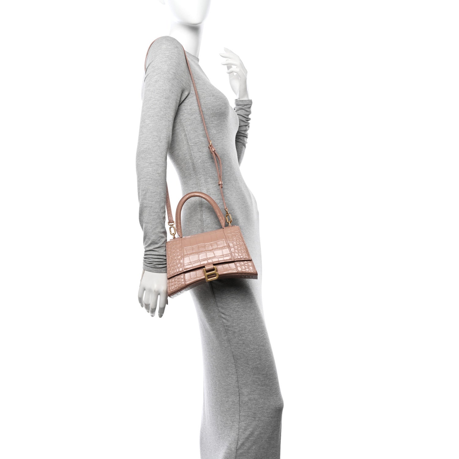 Balenciaga Shiny Calfskin Crocodile Embossed Small Hourglass Top Handle Bag Nude Beige 2 of 13