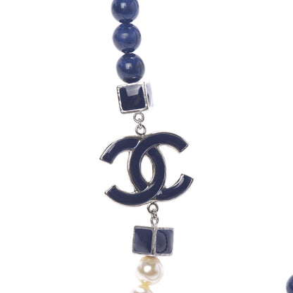 Chanel Pearl Beaded Enamel CC Long Necklace Navy Silver 4 of 6