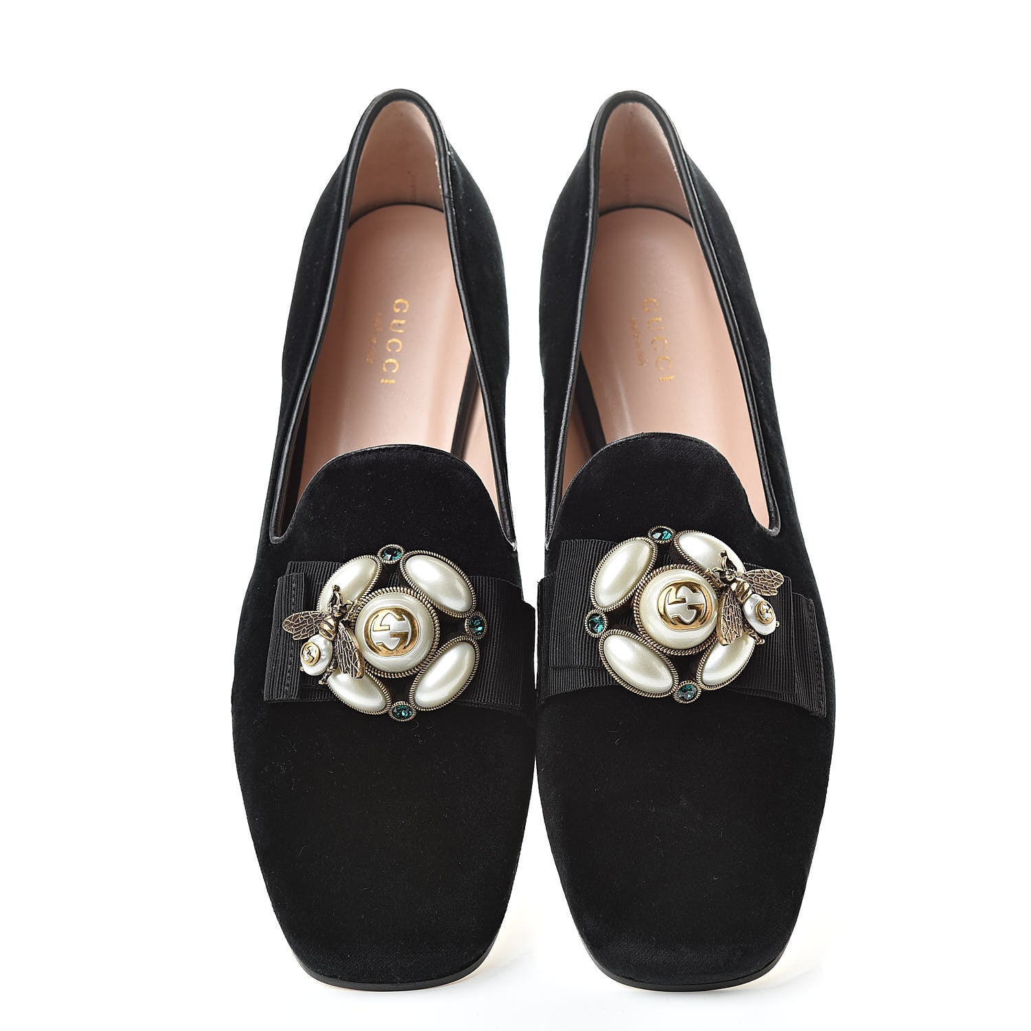 Gucci Velvet Etoile Pearl Embellished Loafers 38.5 Black 5 of 11