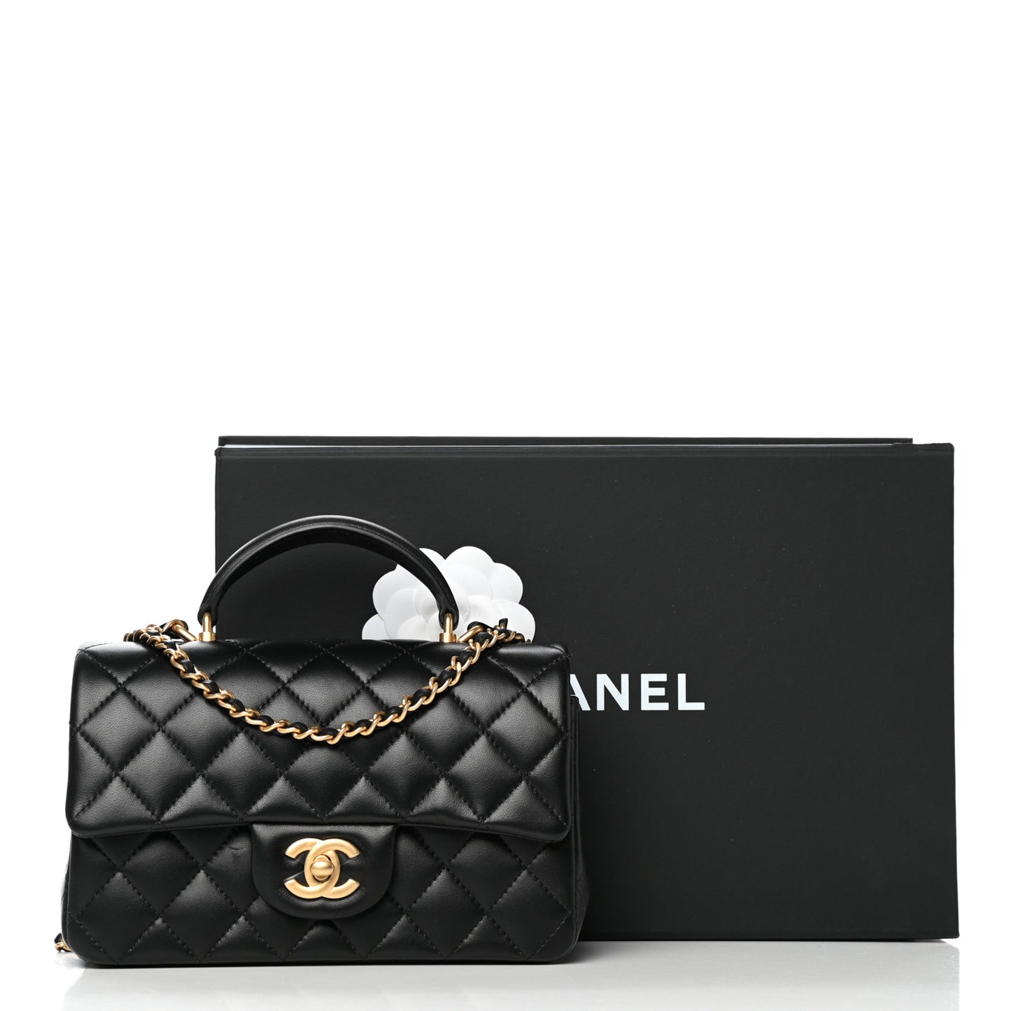 Lambskin Quilted Mini Top Handle Rectangular Flap Black