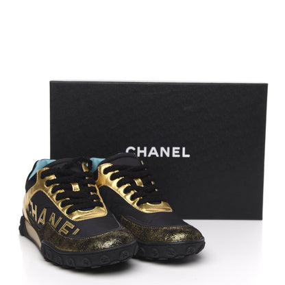 Chanel Metallic Lambskin Satin Finish Womens CC Sneakers 39 Black Gold 8 of 8