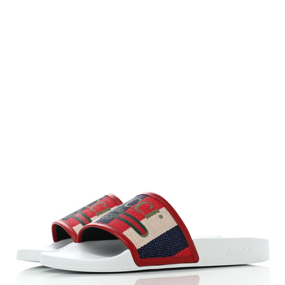 Gucci Canvas Sylvie Stripe Logo Mens Pursuit Slide Sandals 7 Mystic White Hibiscus Red Maritime 3 of 8
