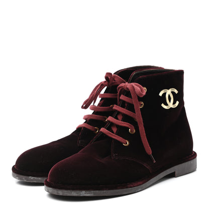 Chanel Velvet CC Lace Up Boots 39 Burgundy 3 of 8