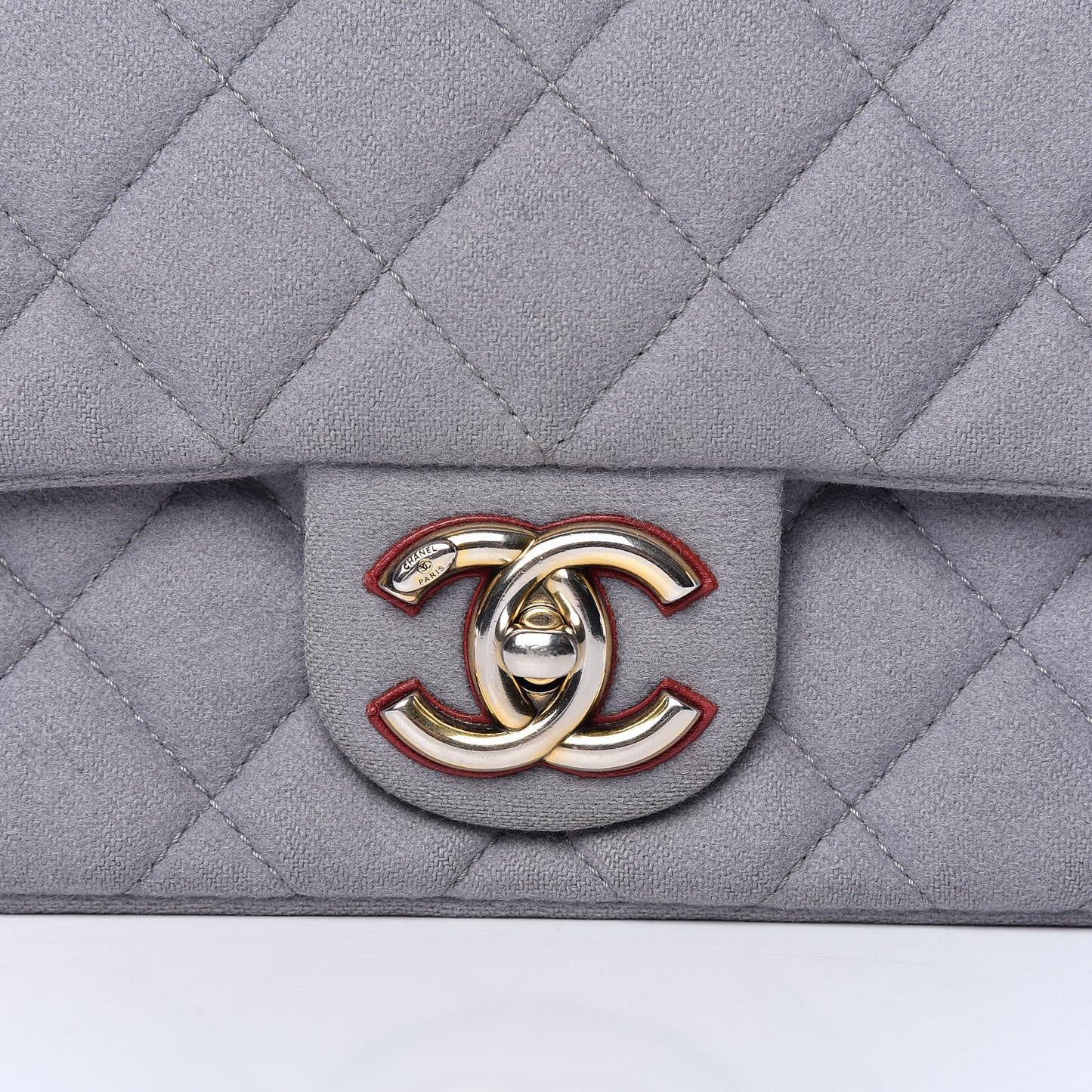 Wool Felt Grosgrain Quilted Medium CC Eyelet Flap Grey