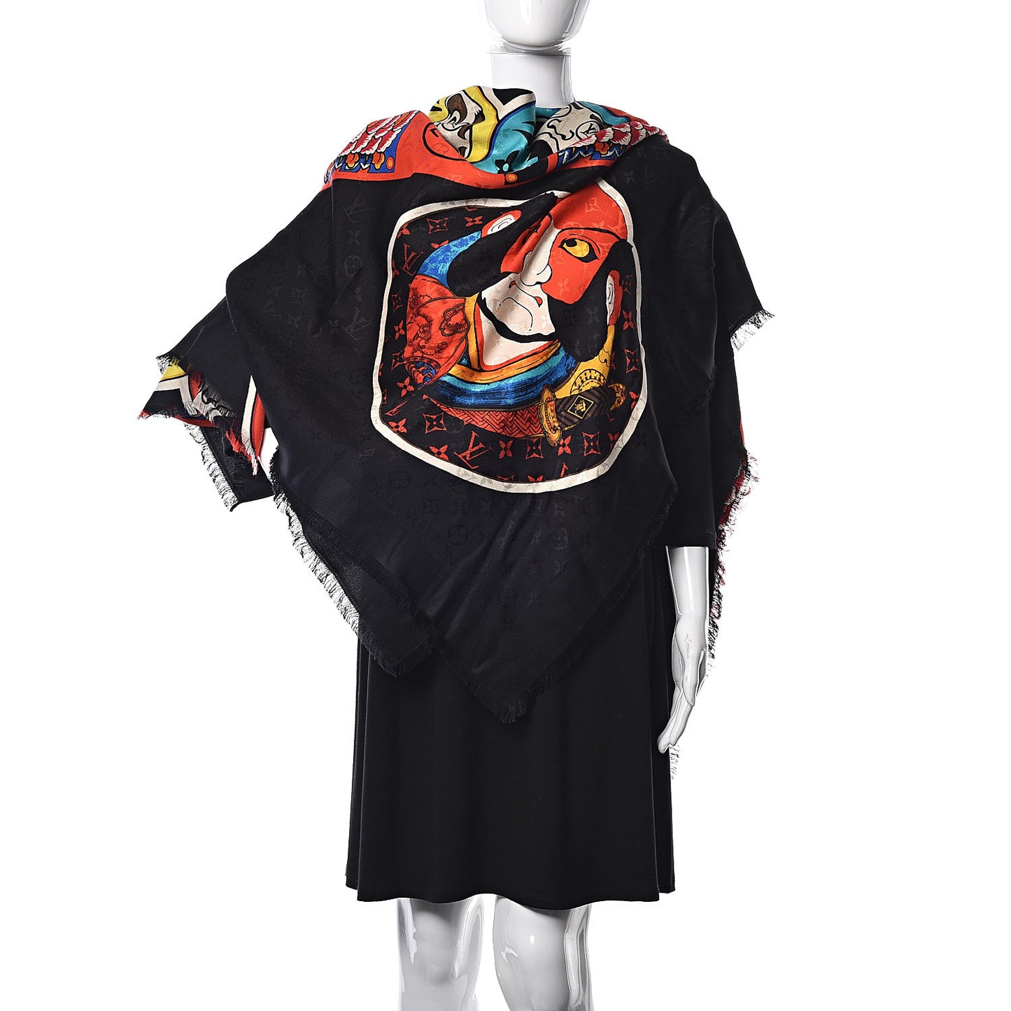 Silk Wool Monogram Kabuki Stickers Shawl Black