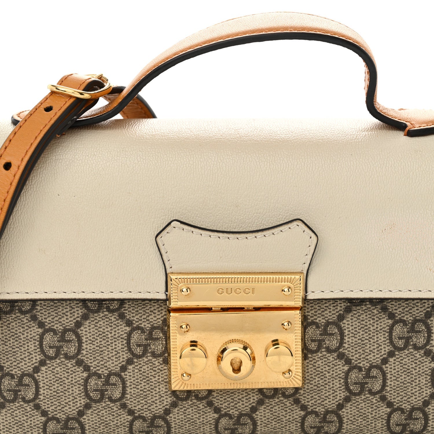 Gucci GG Supreme Monogram New Sakai Calfskin Mini Padlock Top Handle Shoulder Bag Beige Ebony Mystic White Sun Oil 8 of 11