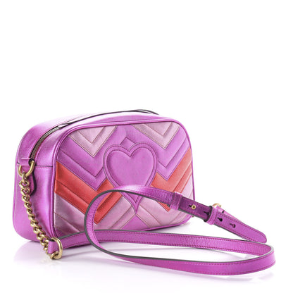 Gucci Laminated Nappa Matelasse Small GG Marmont Chain Shoulder Bag Fuxia Rosso Rosa 3 of 9