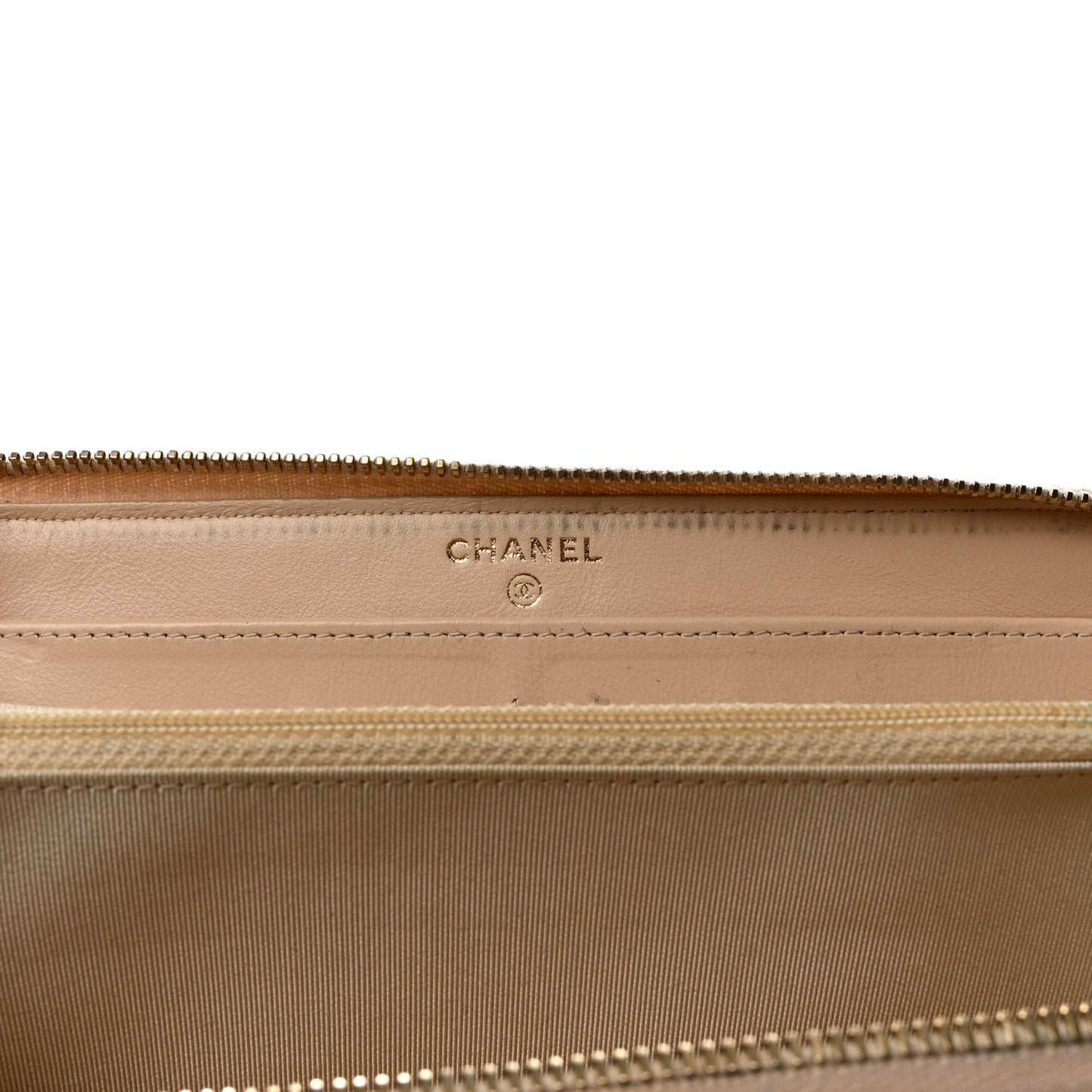 Iridescent Caviar Quilted Large Gusset Zip Around Wallet Beige