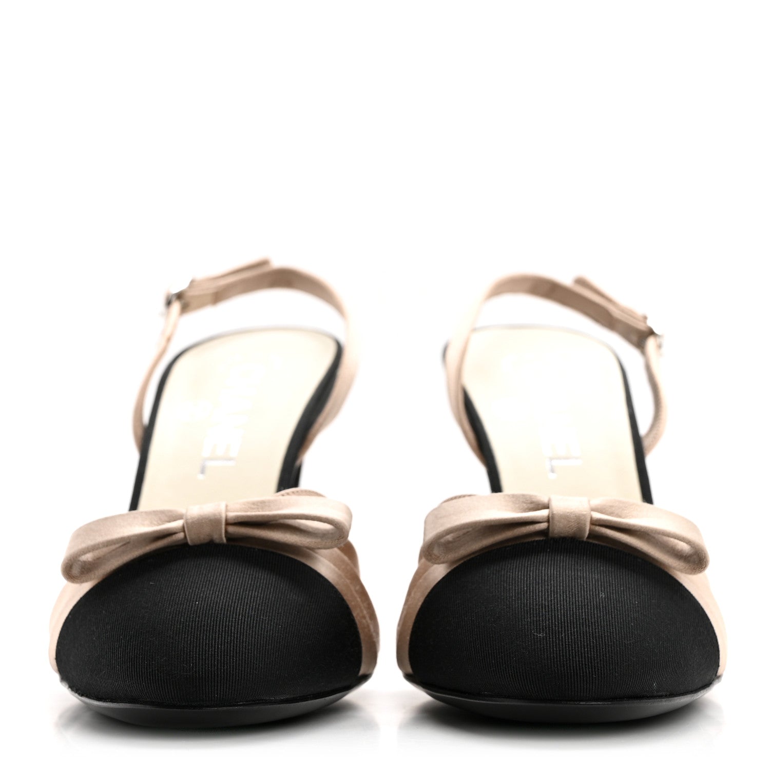 Chanel Satin Grosgrain Slingback Pumps 38.5 Beige Black 2 of 9