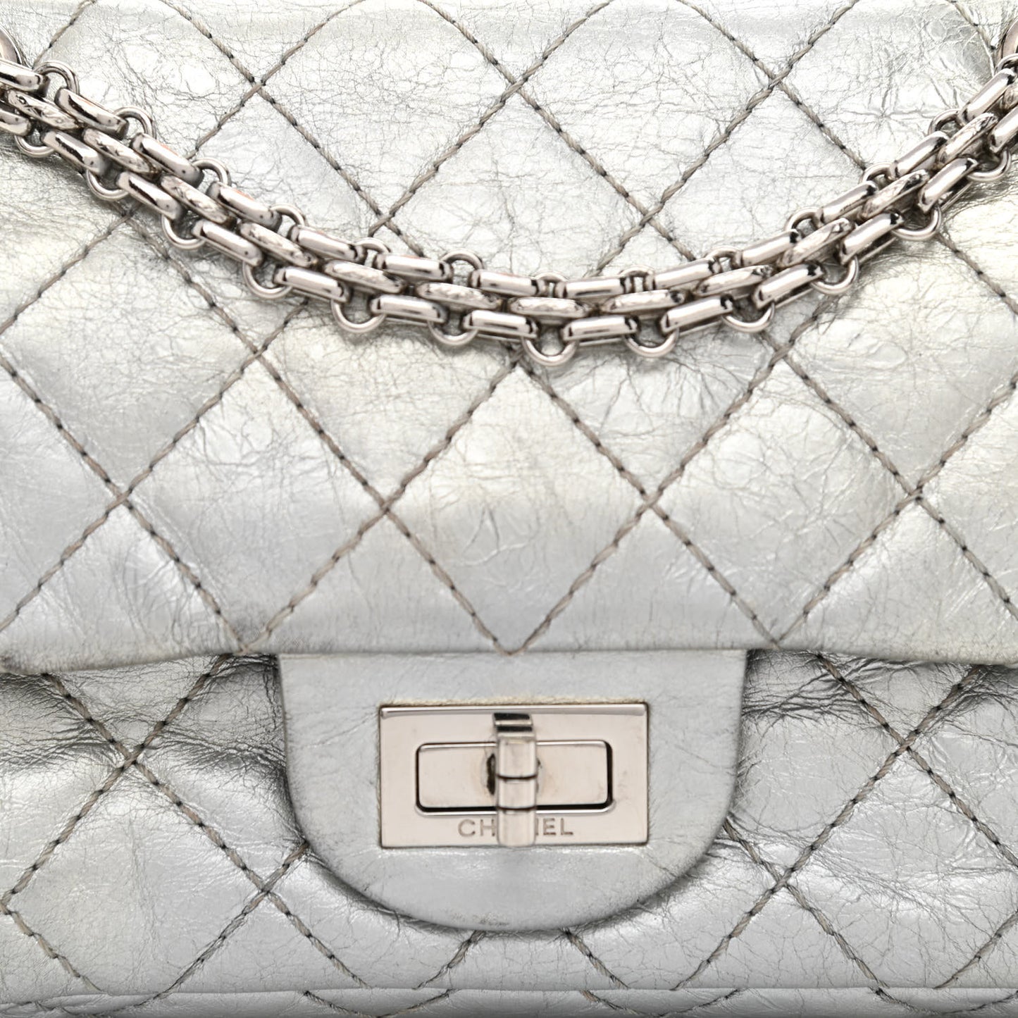 Metallic Aged Calfskin Quilted 2.55 Reissue 224 Flap Silver
