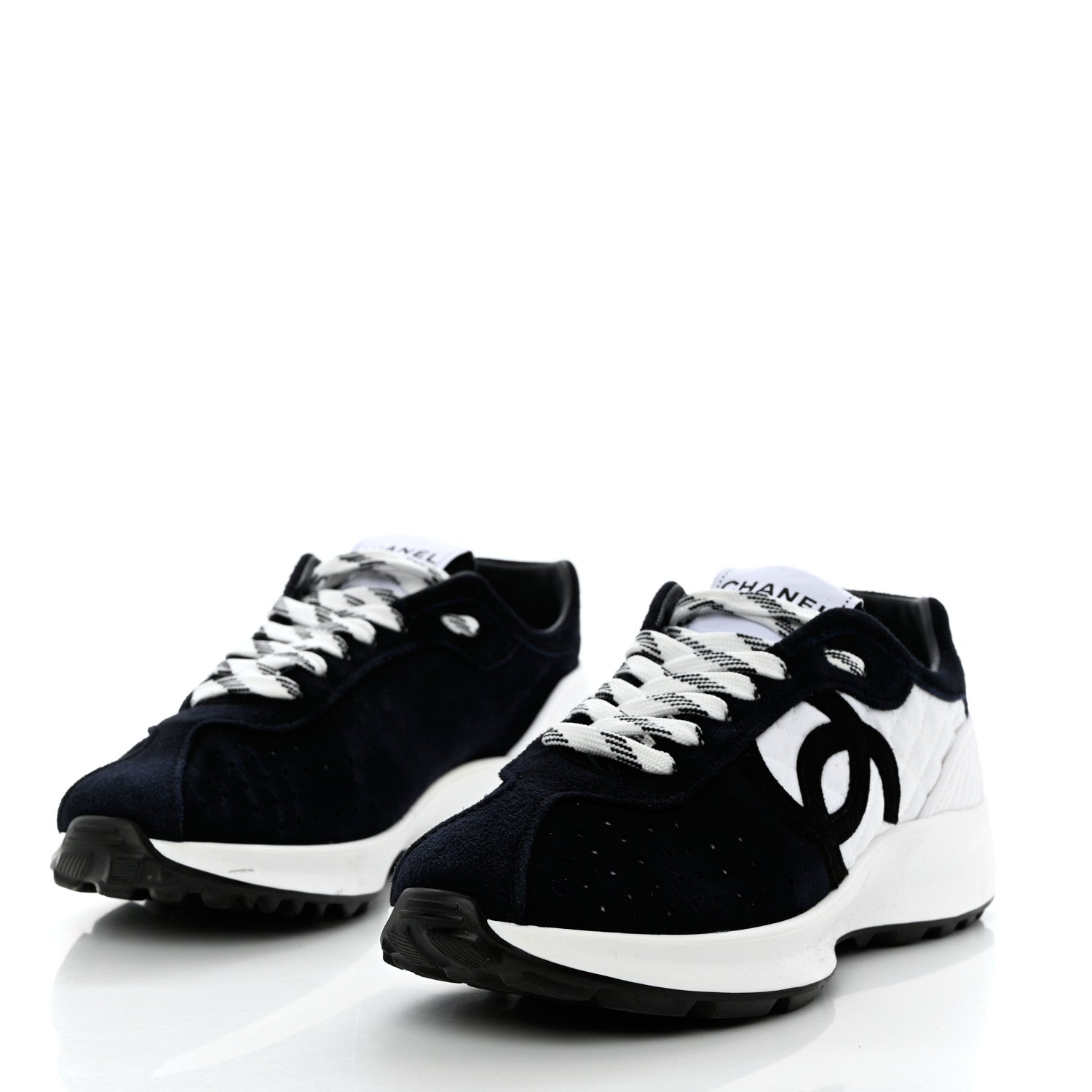 Chanel Suede Perforated Womens CC Sneakers 38.5 Navy White 3 of 10
